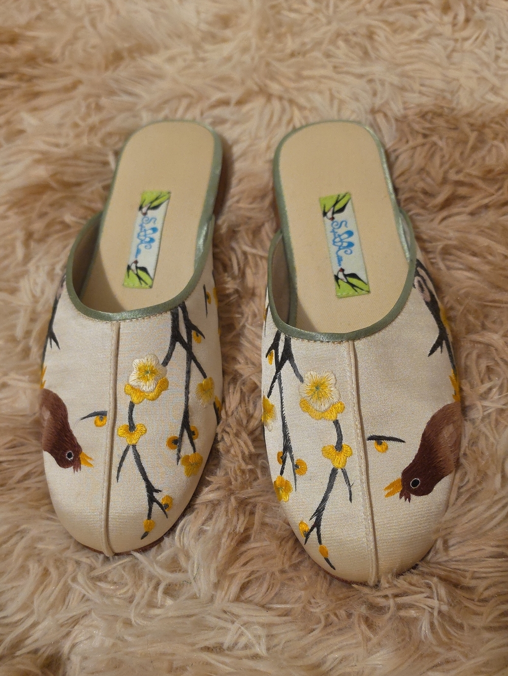 Suzhou Cobblers Hand-Embroidered Silk Bird Flat Mules Slides - Size 36